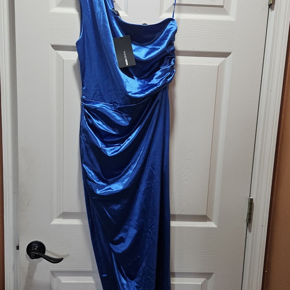 Fashion Nova Blue One Shoulder Satin Gown